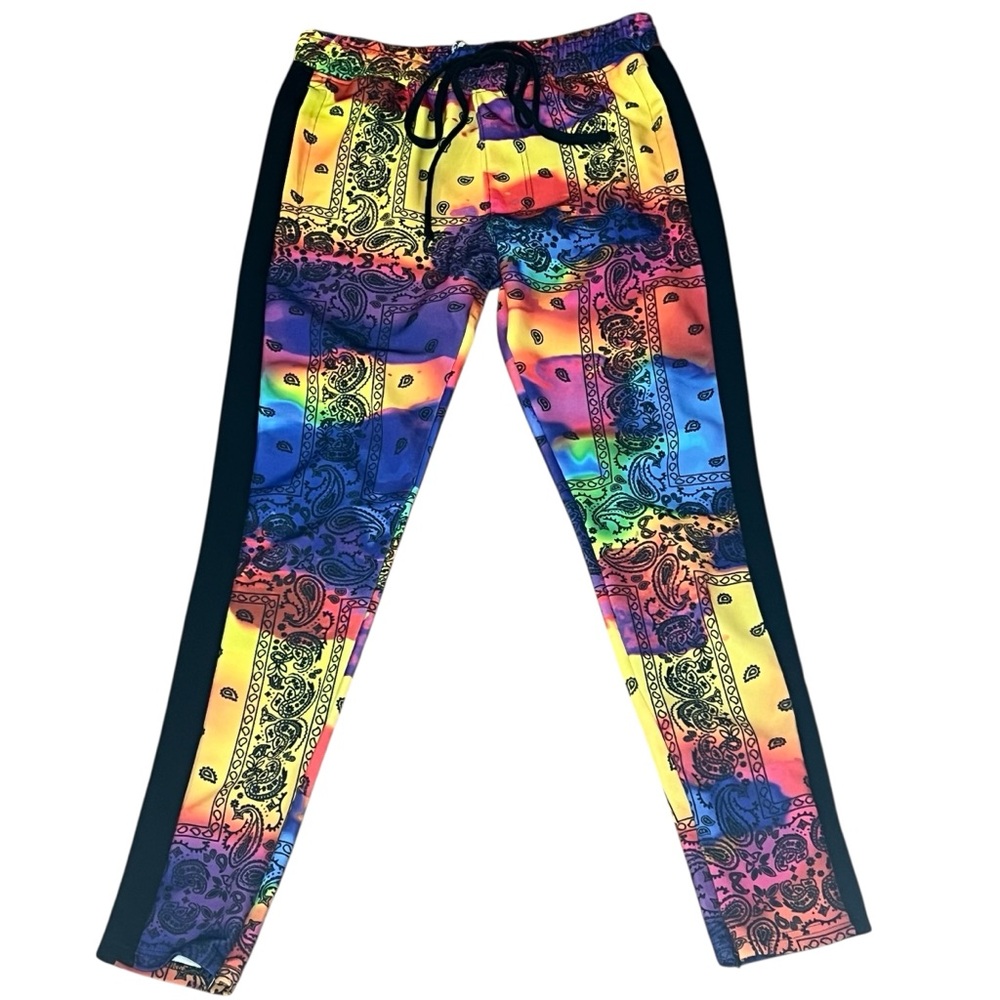REBEL MINDS Red Yellow Paisley Print Mens Joggers Drawstring with Pockets SZ S